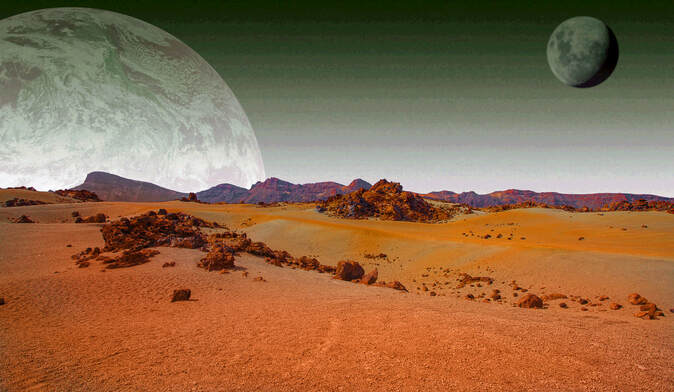 dry landscape with green sky and two moons