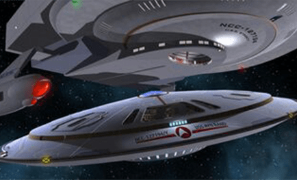 Starship Enterprise (NCC-1701) hovering above a Federation shuttlecraft in space, depicting a scene of exploration and technology in a sci-fi context.