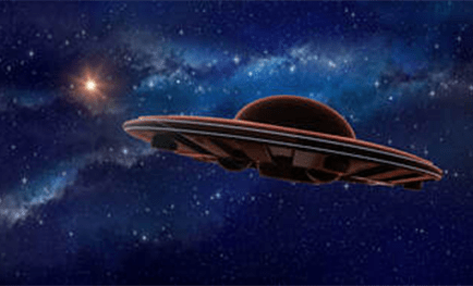 A futuristic flying saucer glides through a starry galaxy, showcasing a cosmic scene that evokes curiosity about space exploration and extraterrestrial life.
