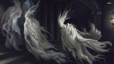 Ethereal spirits float through a dark corridor, their flowing, translucent forms illuminated by a distant light, evoking a sense of mystery and the supernatural.
