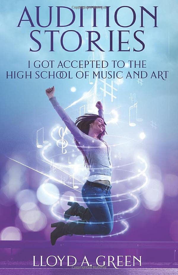 A joyful young woman leaps with excitement, surrounded by musical notes, symbolizing acceptance into a prestigious arts school.
