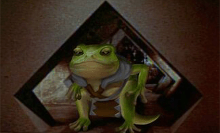 A cartoon frog character dressed in medieval attire emerges from a triangular opening, set against a dark background, suggesting a fantasy theme.