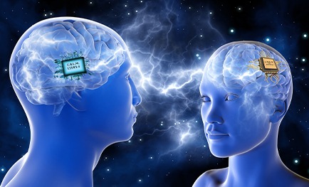 Two heads face each other, each with a brain and a microchip embedded. Electric sparks connect them, symbolizing communication and technology's role in thought.